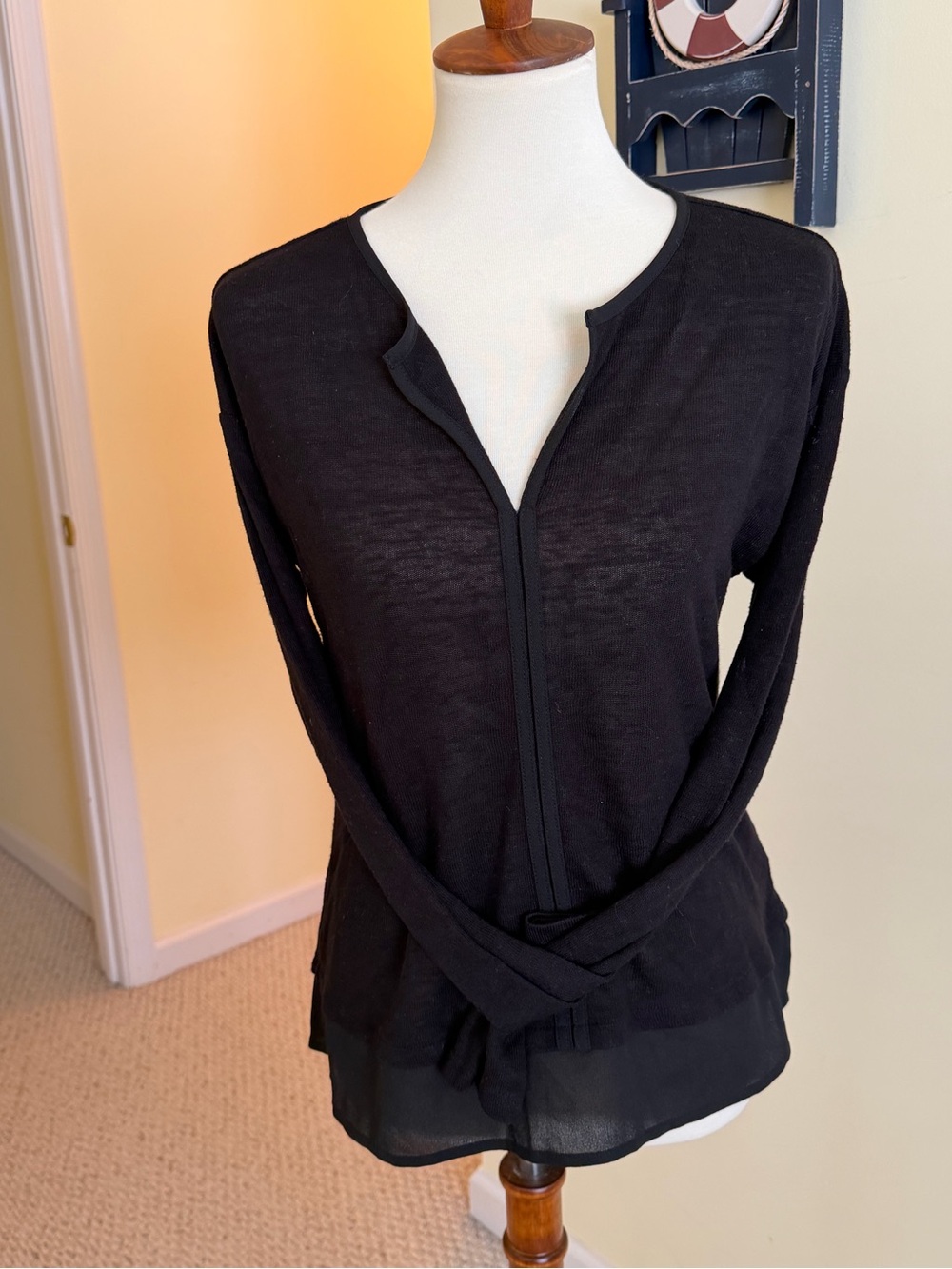 Sanctuary Black Long-Sleeve Semi-Sheer V-Notch Blouse
